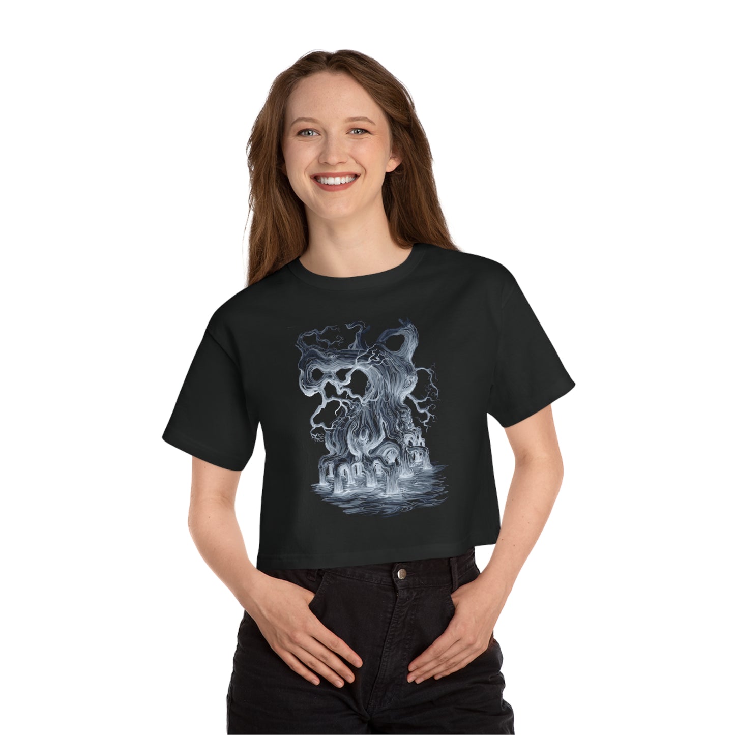 Liquid Trees Black and White Gnarled Tree Champion Women's Heritage Cropped T-Shirt